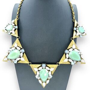 PARK LANE Necklace Moss Green White  Acrylic Rhinestone Antiqued Gold Tone
